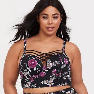 TORRID Black Floral Strappy PushUp Balconette Longline Bikini Top Plus Size 6/30